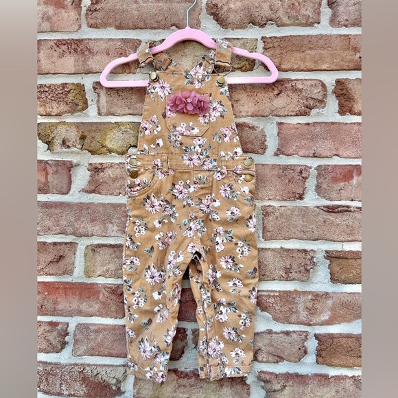 Little Lass Brown Tan Floral Overalls - Picture 1 of 8